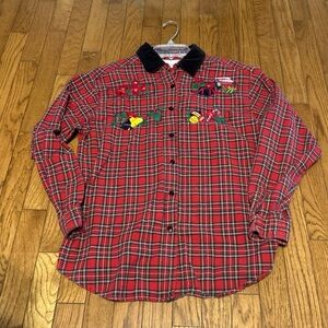VTG Casey Max Plaid Embroidered Corduroy Collar Christmas Grandma Shirt Button L